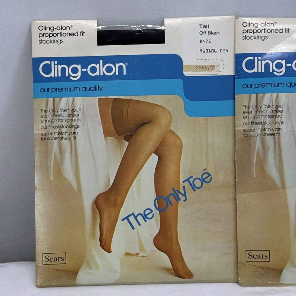 Sears Vintage Thigh High Stockings Tall Cling-alon Off Black 2 Pairs 160-200 Lbs